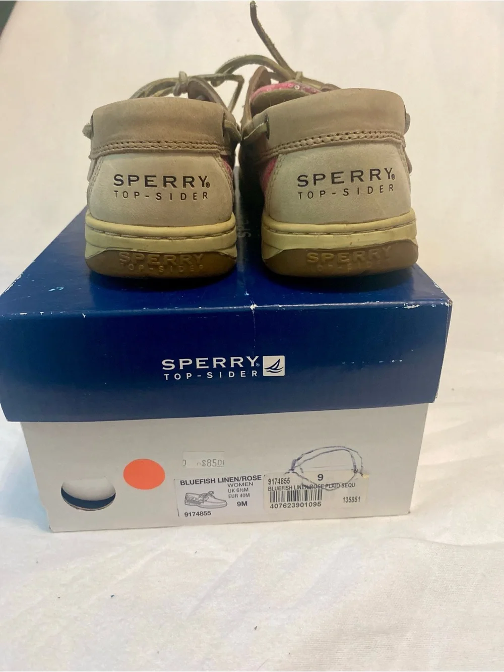 Sperry Bluefish Linen Rose Plaid Sequin Tan & Pink Leather Sequin Boat Shoes 9